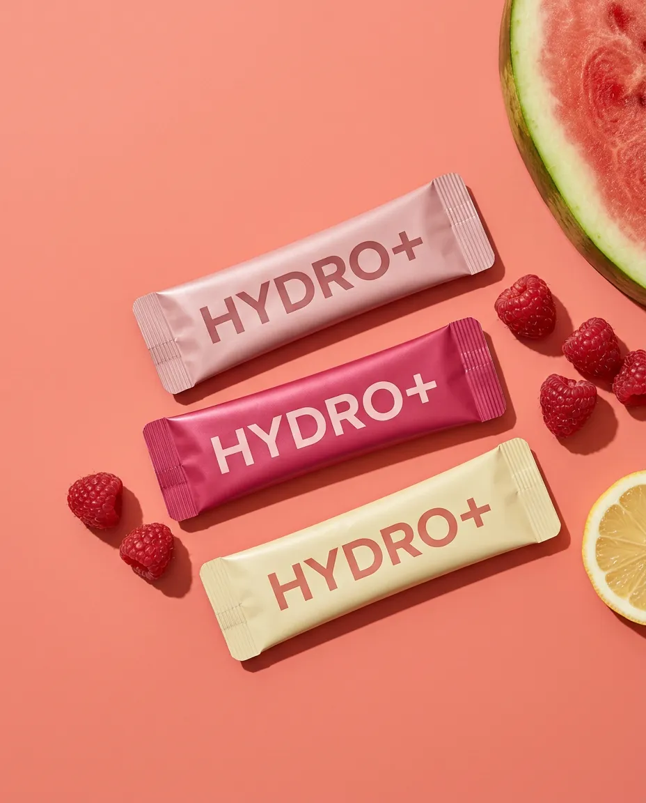 Overhead flat lay of Hydro+ branded stick packs with fresh raspberries, watermelon and lemon on a coral surface